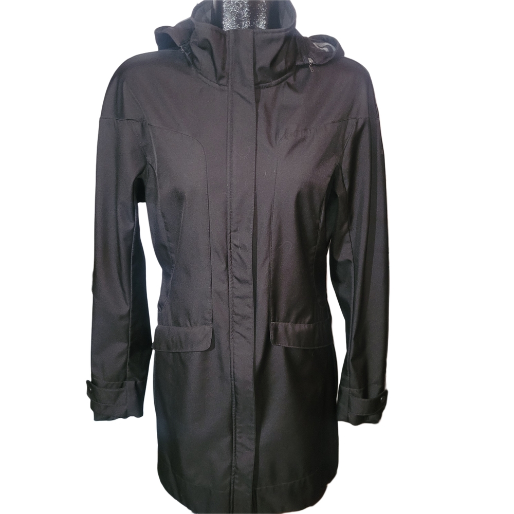 True North Women's Black Hooded Mid-length Fleece Lined Spring Rain Jacket L